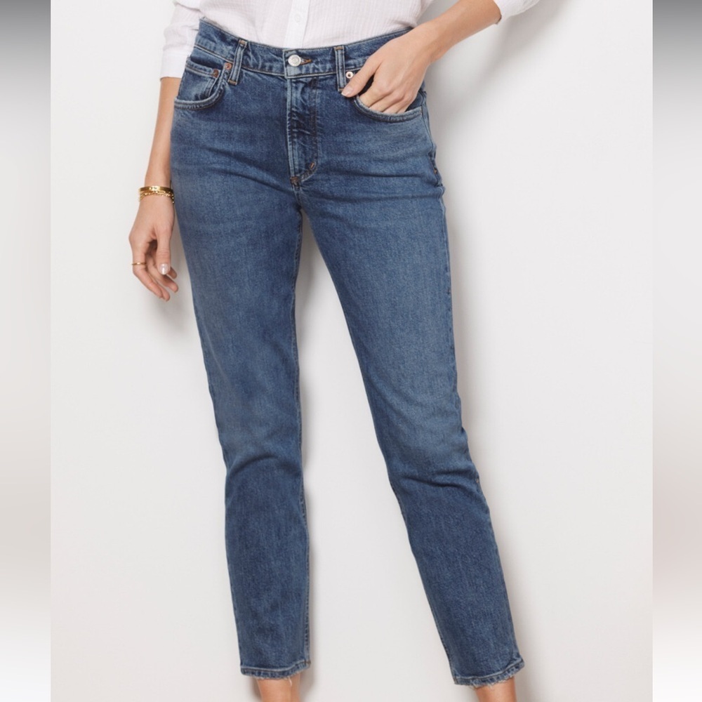 AGOLDE Willow Mid Rise Slim Crop Jeans Medium Wash Distressed Raw Hem Size‎ 24